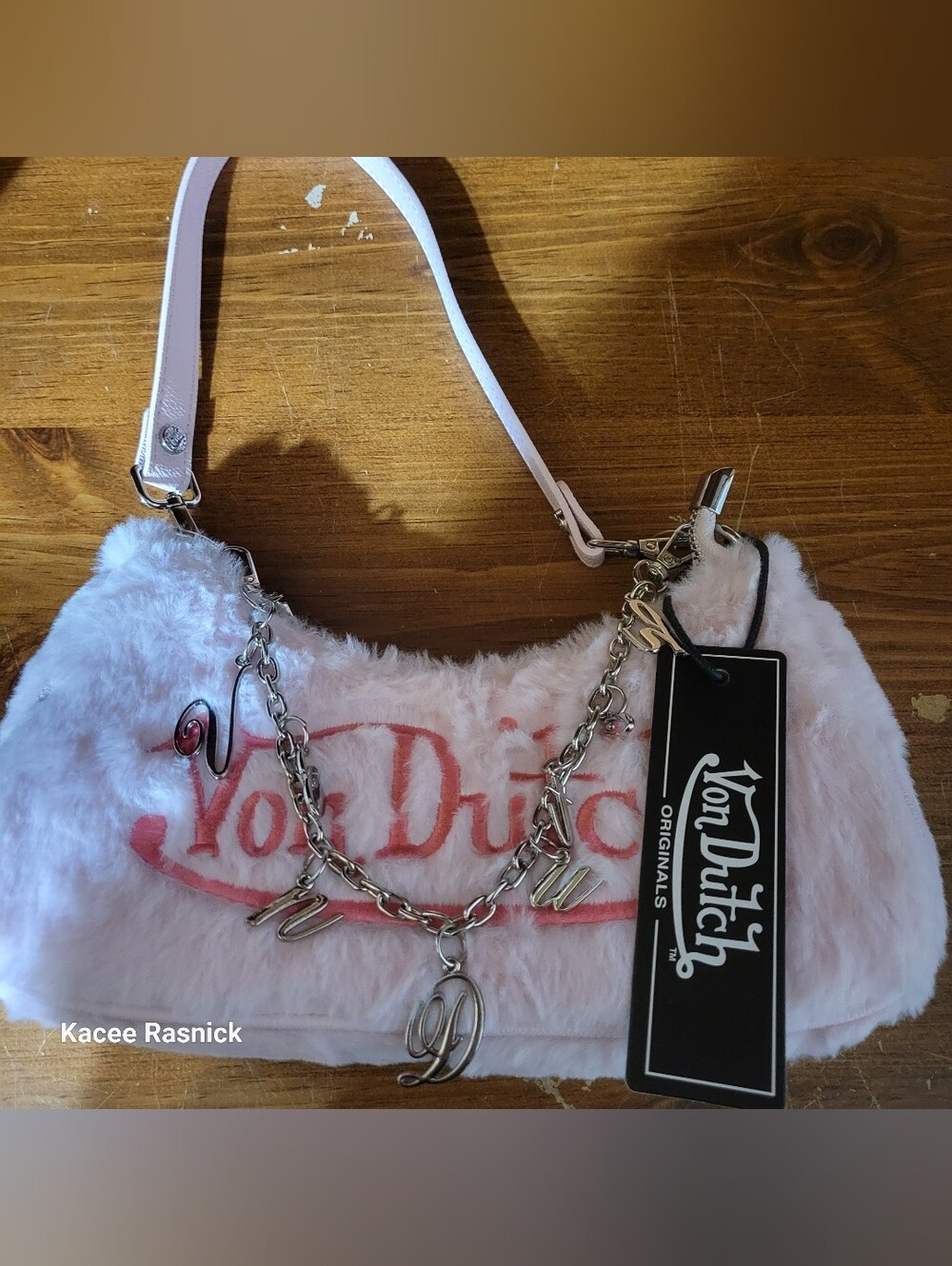 Von Dutch Light Pink Faux Fur Shoulder Bag with Silver Chain & Logo Charms